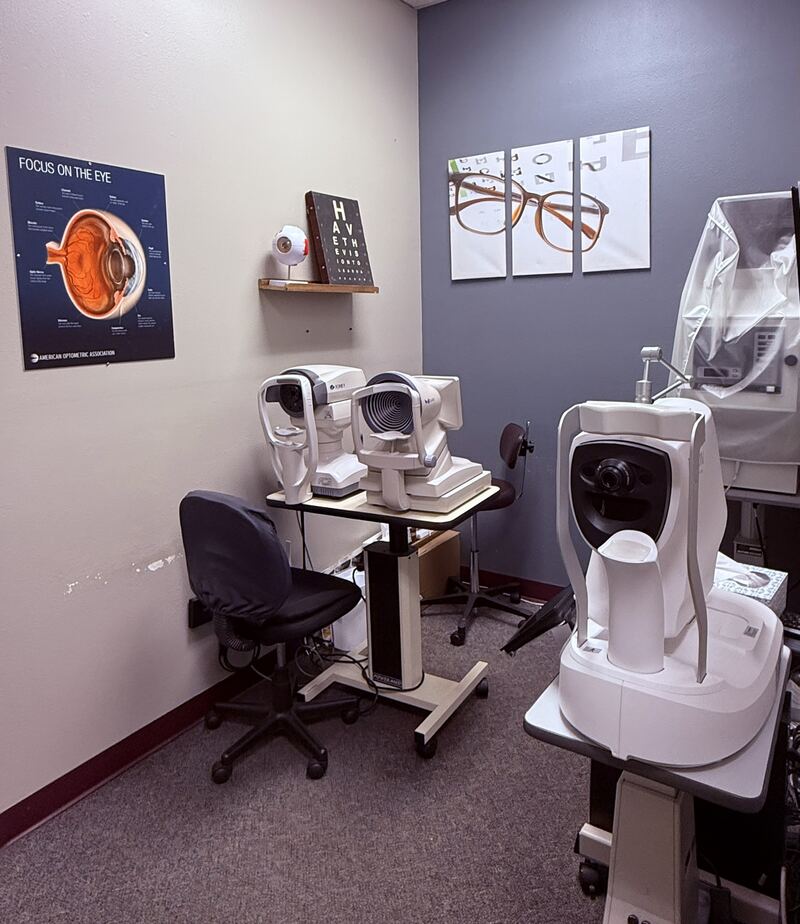 Eye examination room with diagnostic equipment
