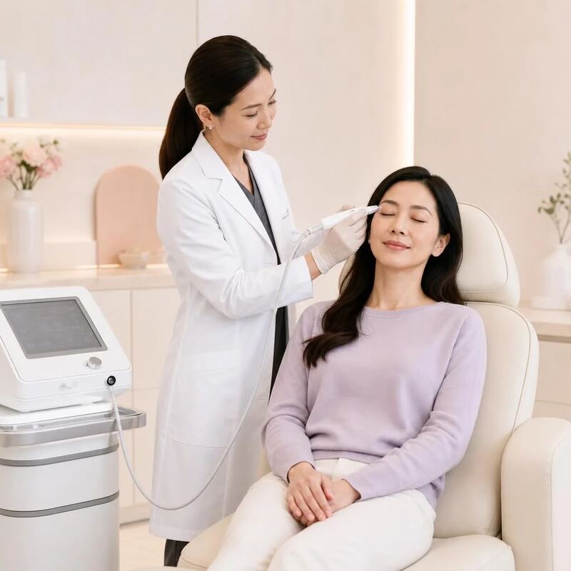 Asian woman clinician performing a non-surgical eyelid treatment
